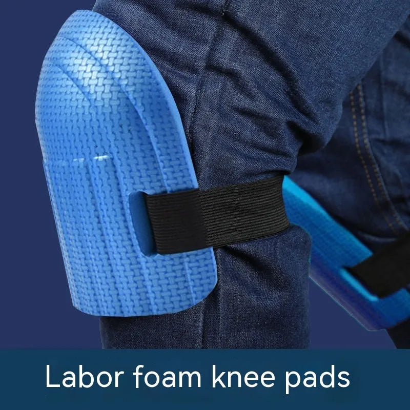 A pair of thick EVA foam kneecap pads in blue colour for floor work.