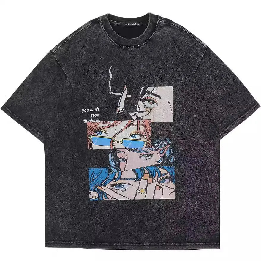 Men's black cartoon-print cotton t-shirt with retro padded construction and loose street fit