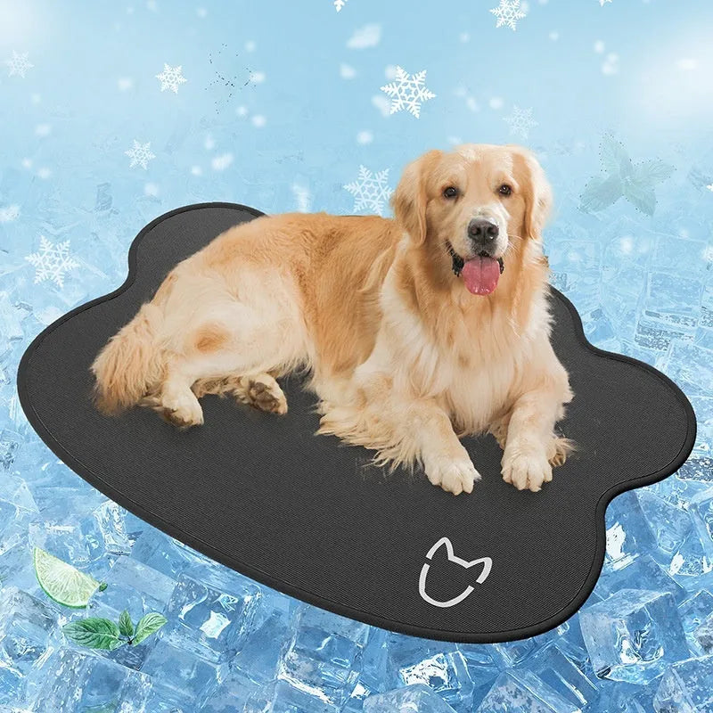 Ice Silk cooling mat for dogs in light grey with a dog head pattern, showing non-slip base.