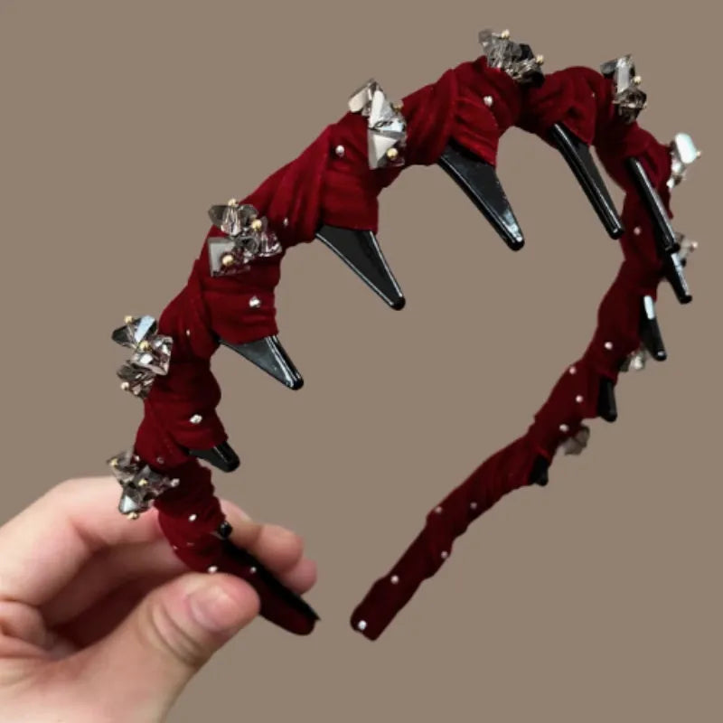 French velvet hairband with crystal wave pressing in wine red colour for non-slip high head hair bundling