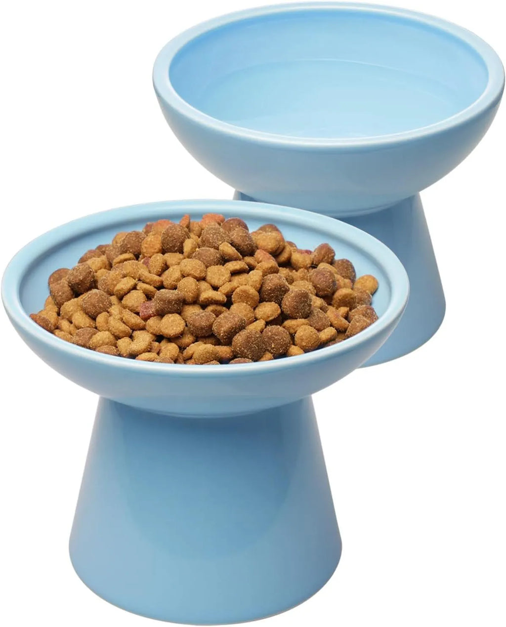Extra wide elevated ceramic cat food bowl in blue green pink or white with shallow 16cm dish for whisker fatigue relief