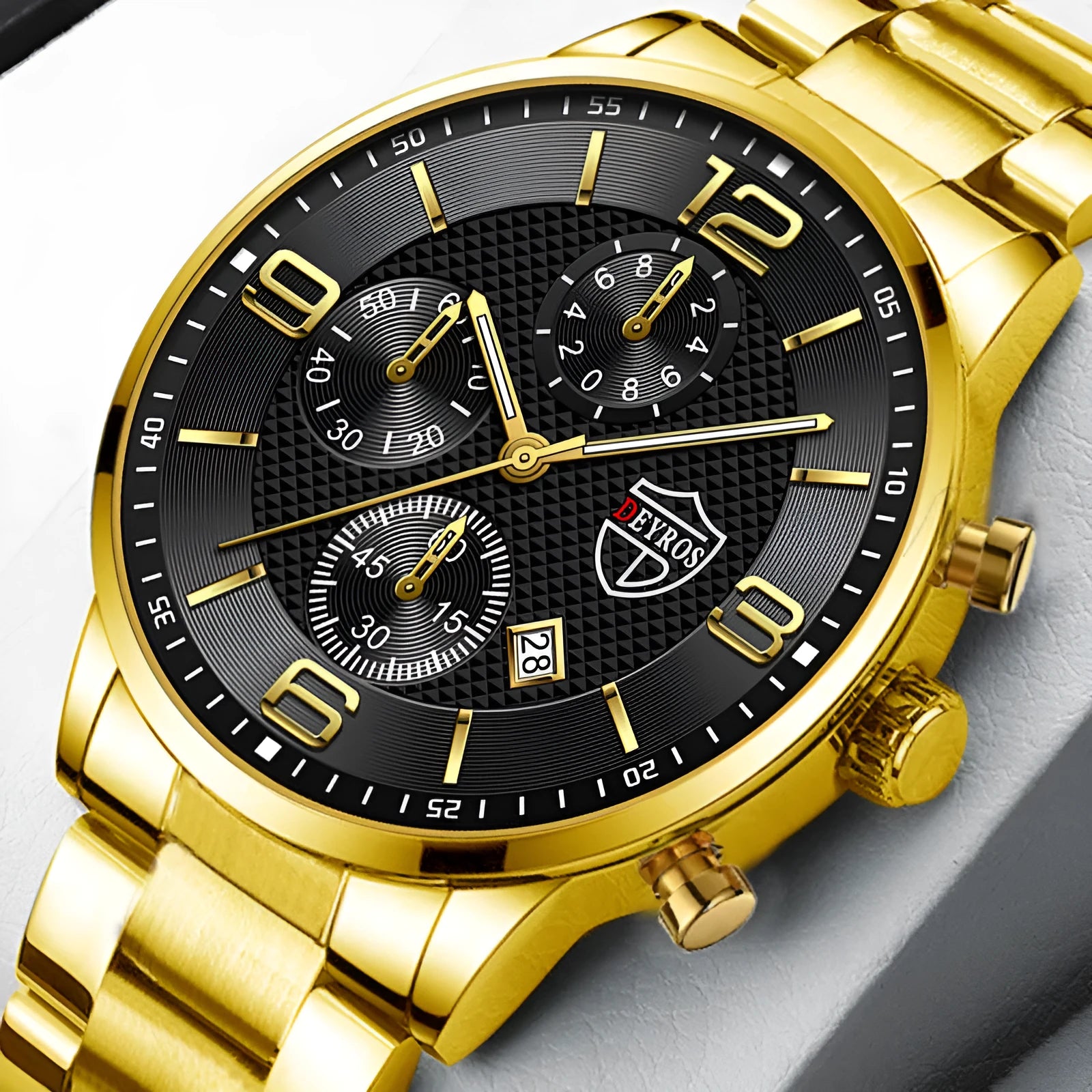 Fashion luminous men's steel band watch with 42mm round dial, calendar window, and 24-hour sub-dial on stainless steel strap