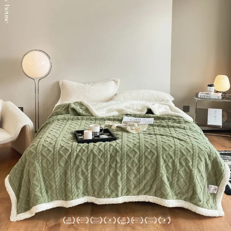 Thermal flannel polyester blanket in tea green colour showing modern simple design