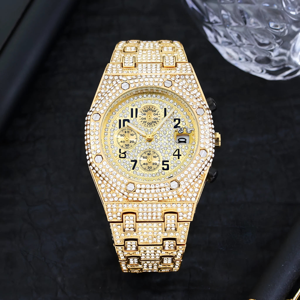 Full diamond three-eye chronograph quartz men's watch with 45mm gold alloy strap