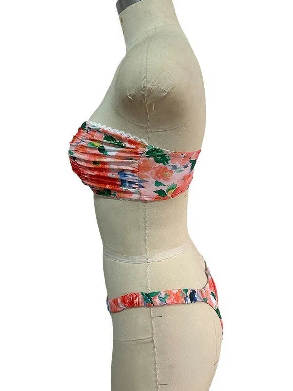 Women's floral lace bikini set with tube top and briefs in blue colour