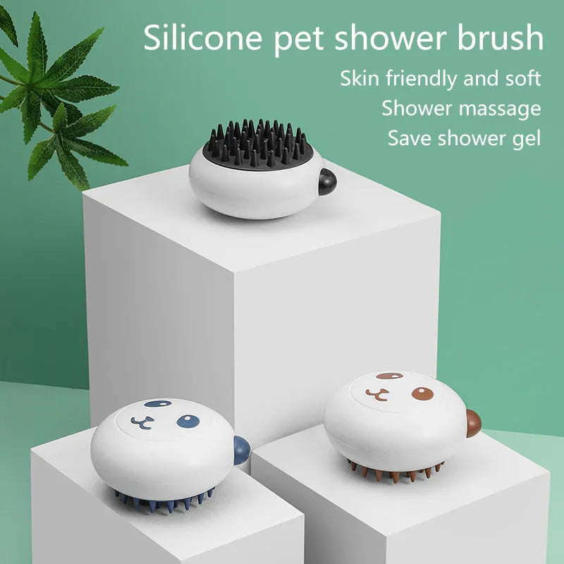 Panda-shaped silicone pet bath brush with soft bristles for cat and dog shower cleaning