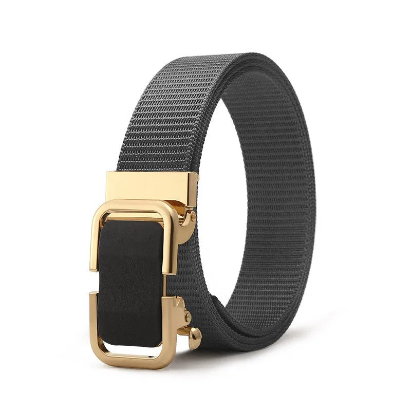Toothless nylon canvas men's belt with alloy buckle shown in multiple colour options