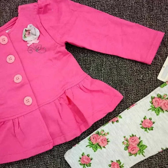 Spring Autumn Girls Pure Cotton Lady Suit Rose Red Floral Single-Breasted Top and Pants Set for Toddler 18M 24M Asian Size Casual Wear