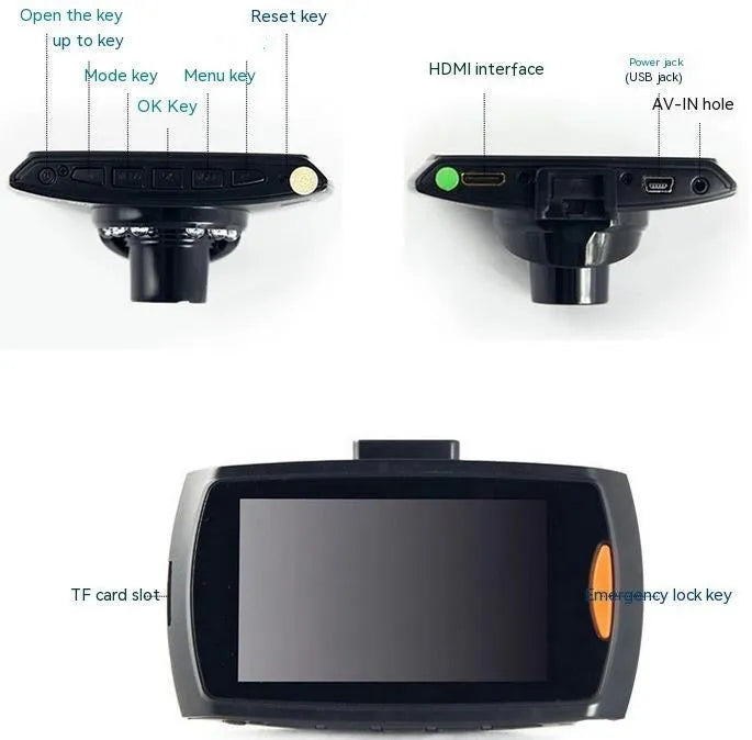 G30 HD car DVR dual camera system with front and rear lenses and a display screen for the vehicle.