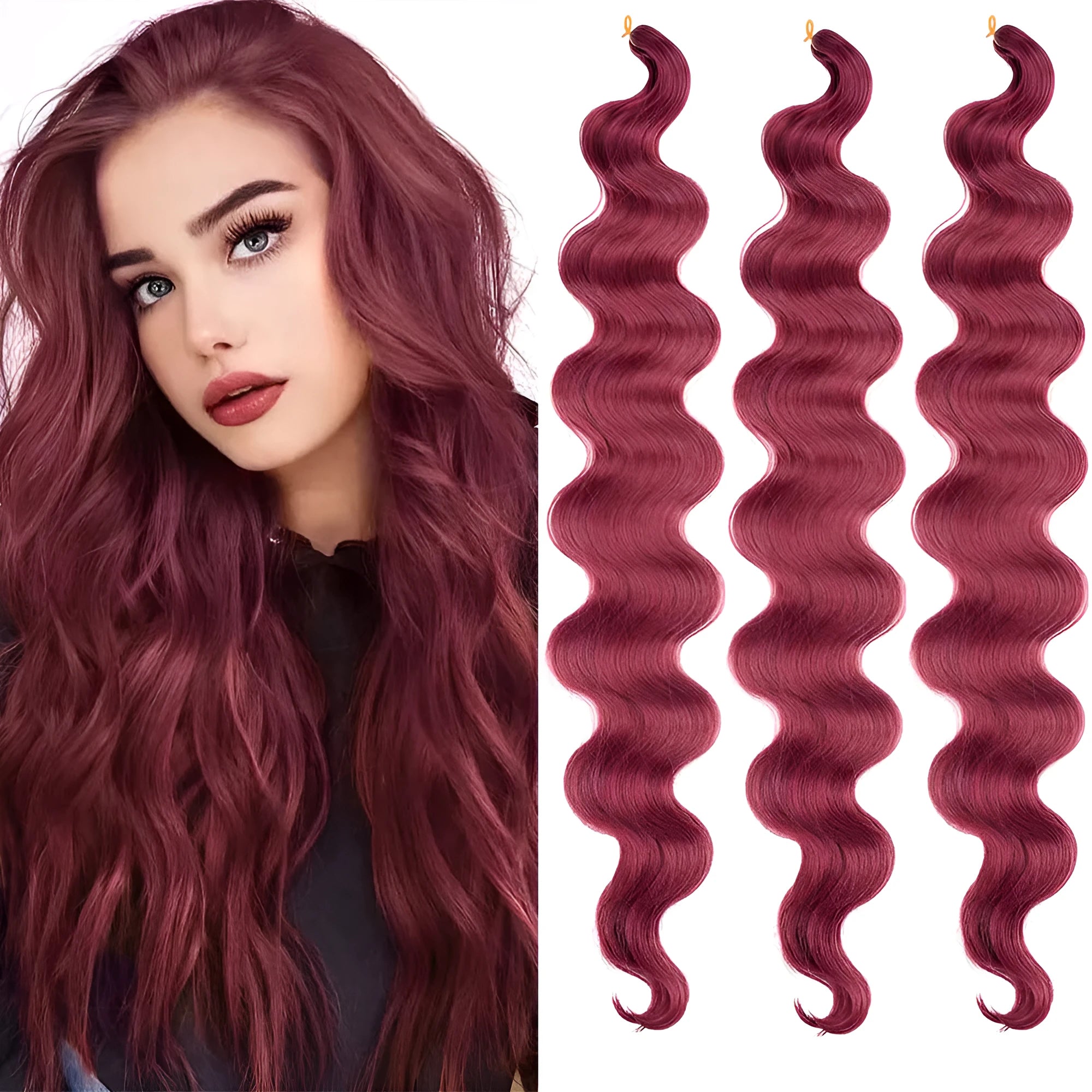 24-inch wine red big wave synthetic wig with braided texture on display
