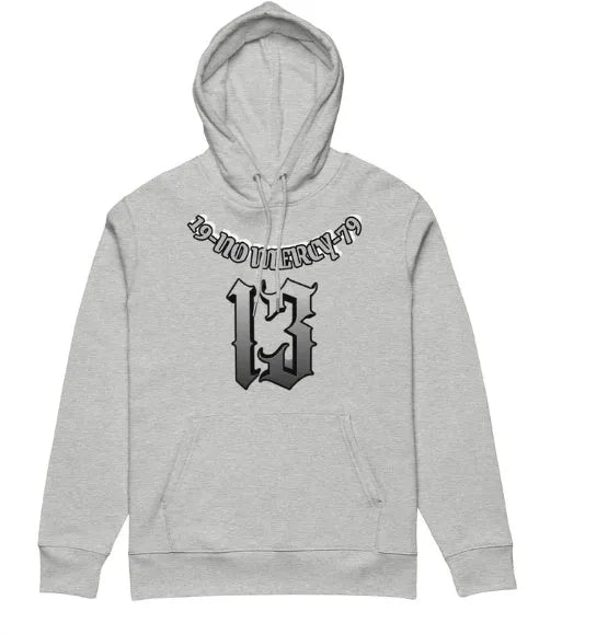 Loose fit grey hooded sweater with fleece lining, shown laid flat.