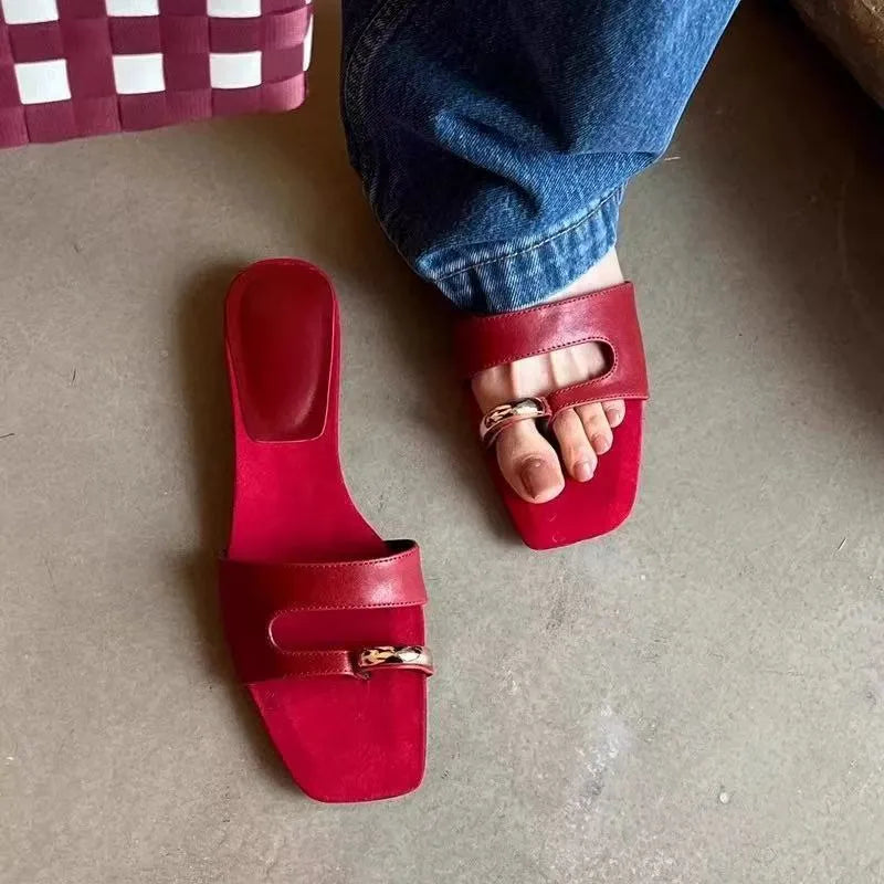 Plus size square head leather slippers with rubber sole in black, red, silver, or white colours