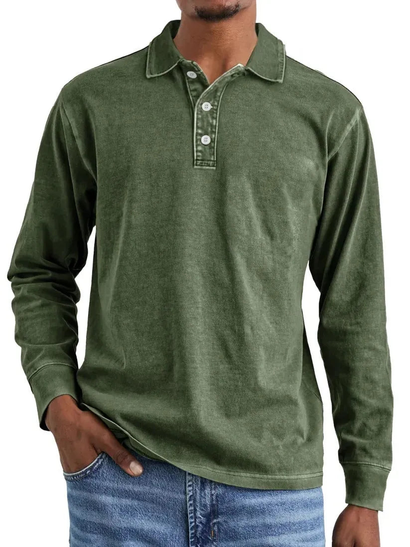 Retro washed pure cotton polo shirt with a distressed lapel and long sleeves on a hanger.