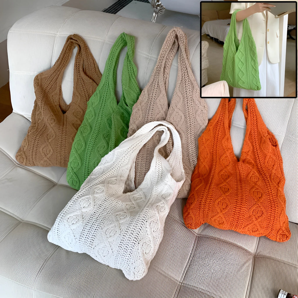 GWomens retro hollow knitted shoulder tote bag in woolen yarn with double straps and large 55cm capacity