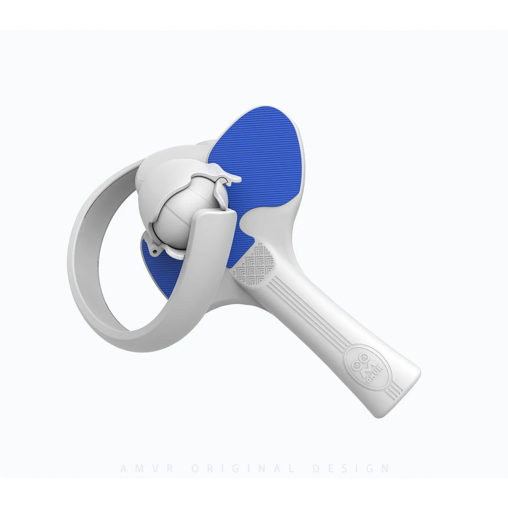 Red and blue silicone hand grip for PICO 4 VR controllers on a grey background.