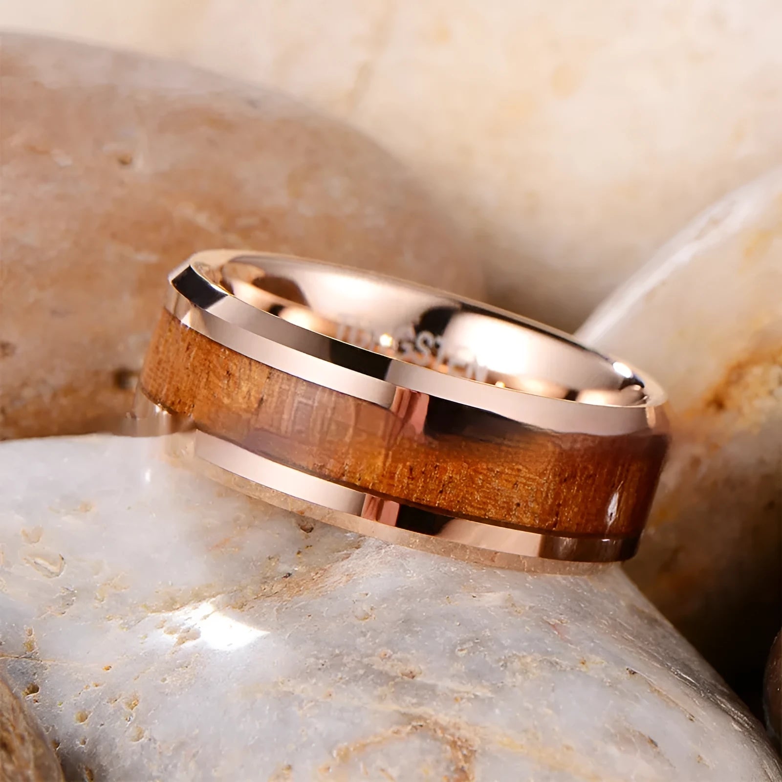 Men's U-shaped tungsten carbide ring in rose gold or steel finish, 8mm wide.