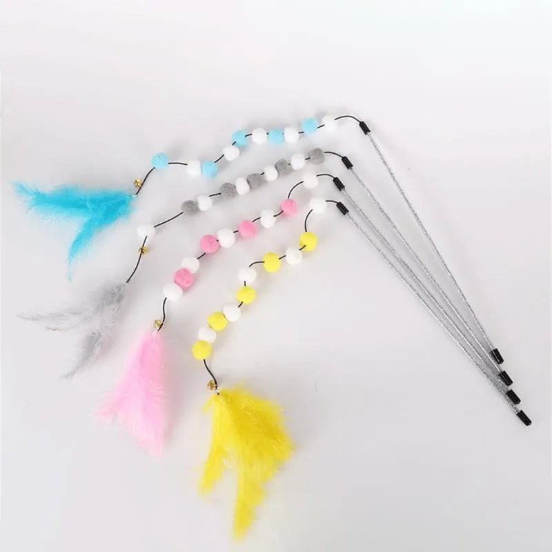 Colourful cat teaser stick with bell and feather toys measuring 31cm long