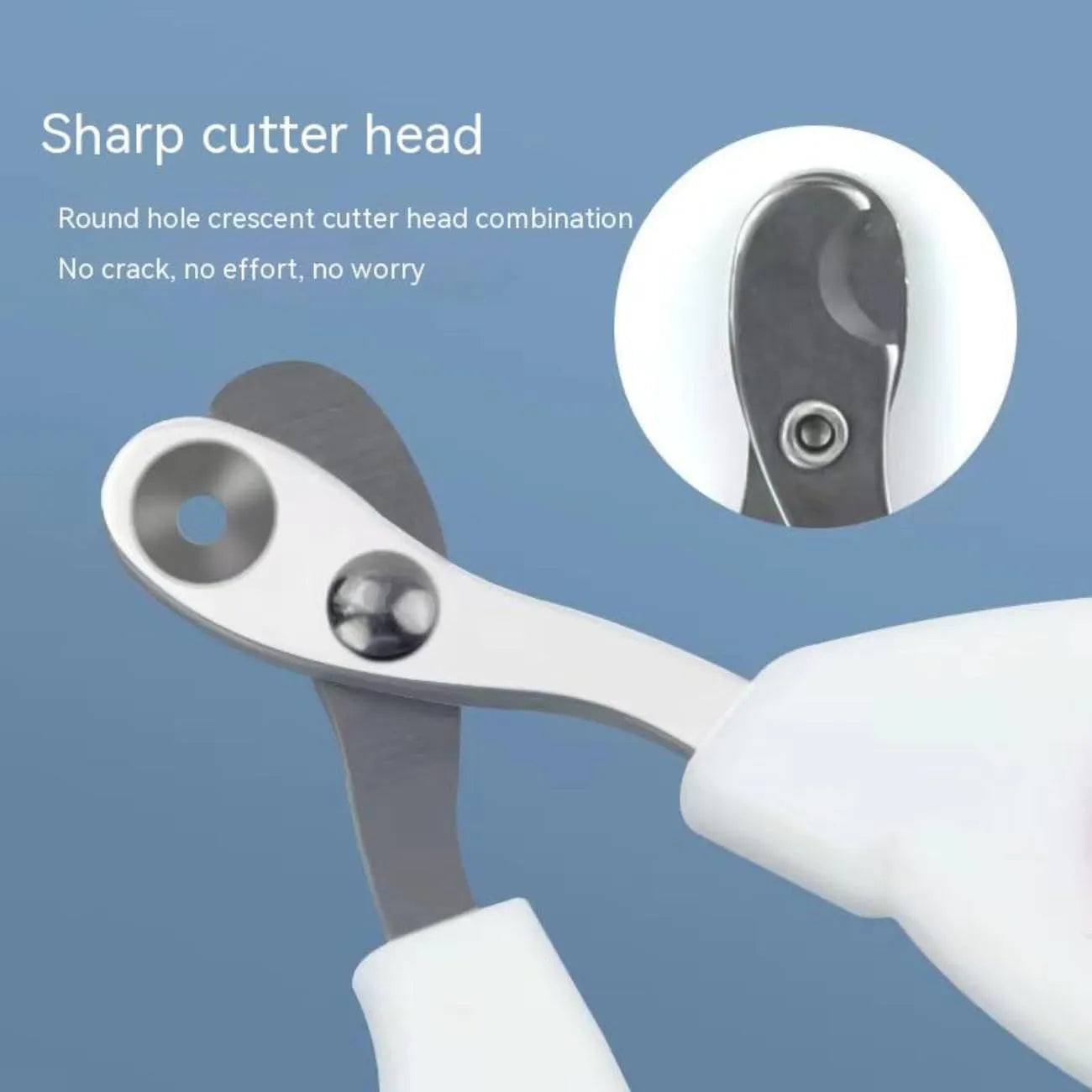 Blue pet nail clippers with circular cut hole and non-slip grip handles on a white background