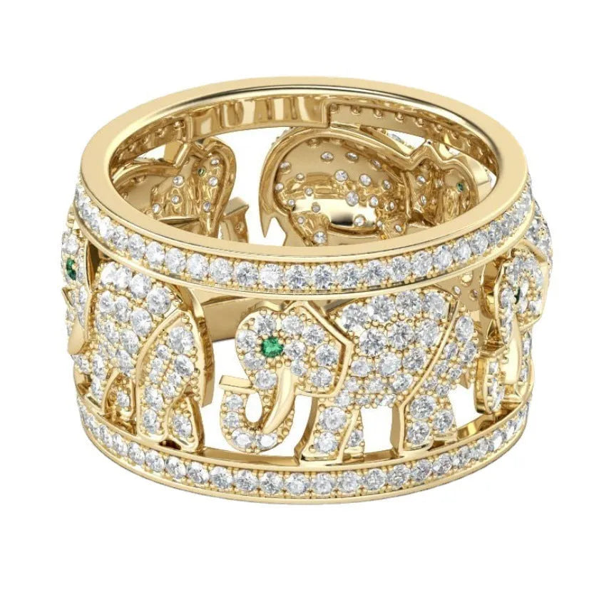 Gold or silver alloy elephant ring fully set with diamond-like stones, showing detailed design.