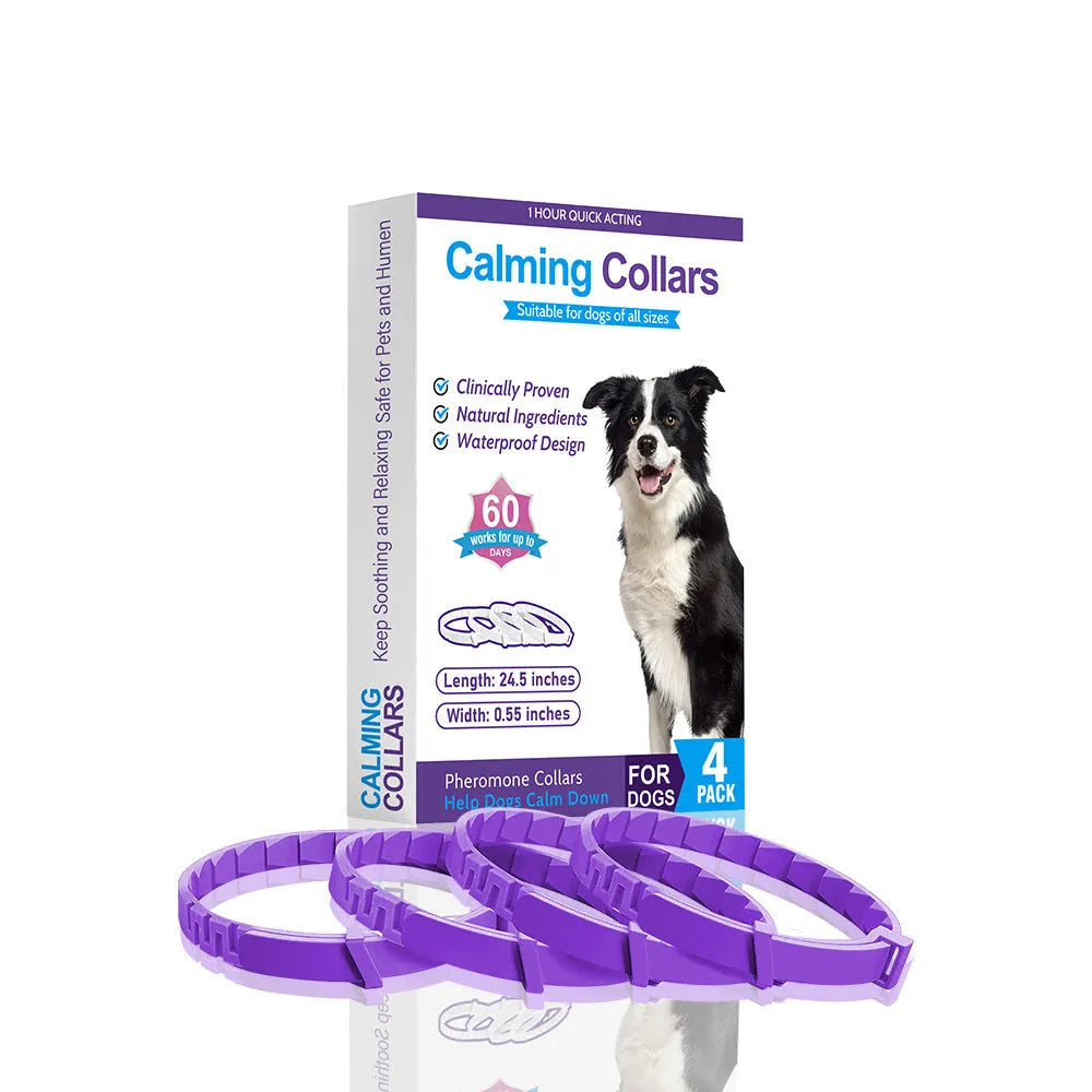 Four dog anxiety relief collars in assorted colours with 62cm length and monochrome Chinese pattern