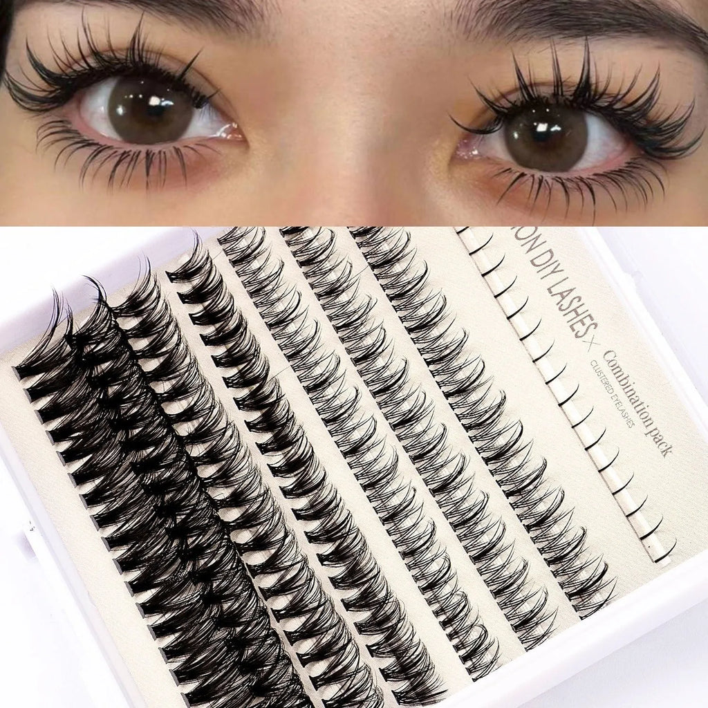Single-cluster false eyelash kit with artificial fibre lashes, pink glue, and tweezers brush on white background
