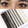 Single-cluster false eyelash kit with artificial fibre lashes, pink glue, and tweezers brush on white background