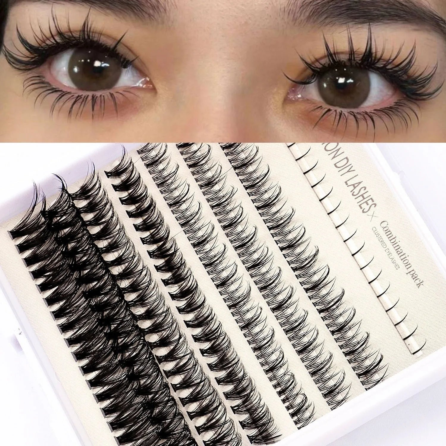 Single-cluster false eyelash kit with artificial fibre lashes, pink glue, and tweezers brush on white background