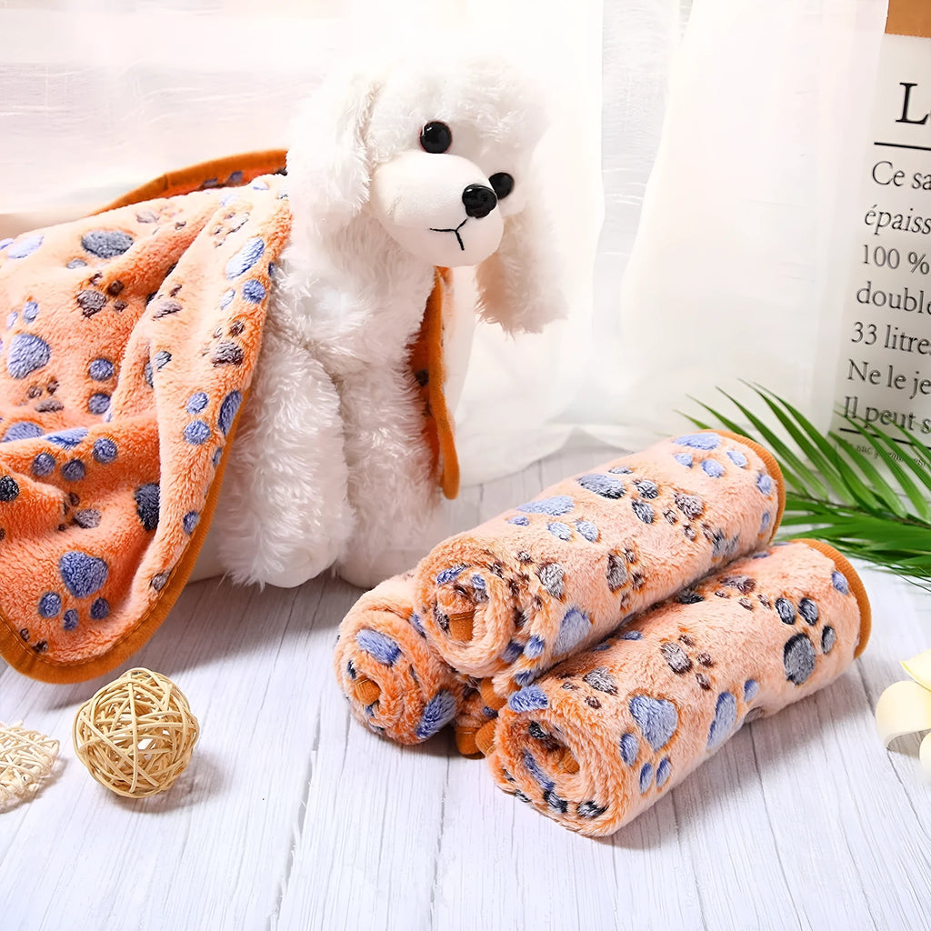 Coral fleece pet blanket with paw print pattern in beige colour, suitable for dogs and cats