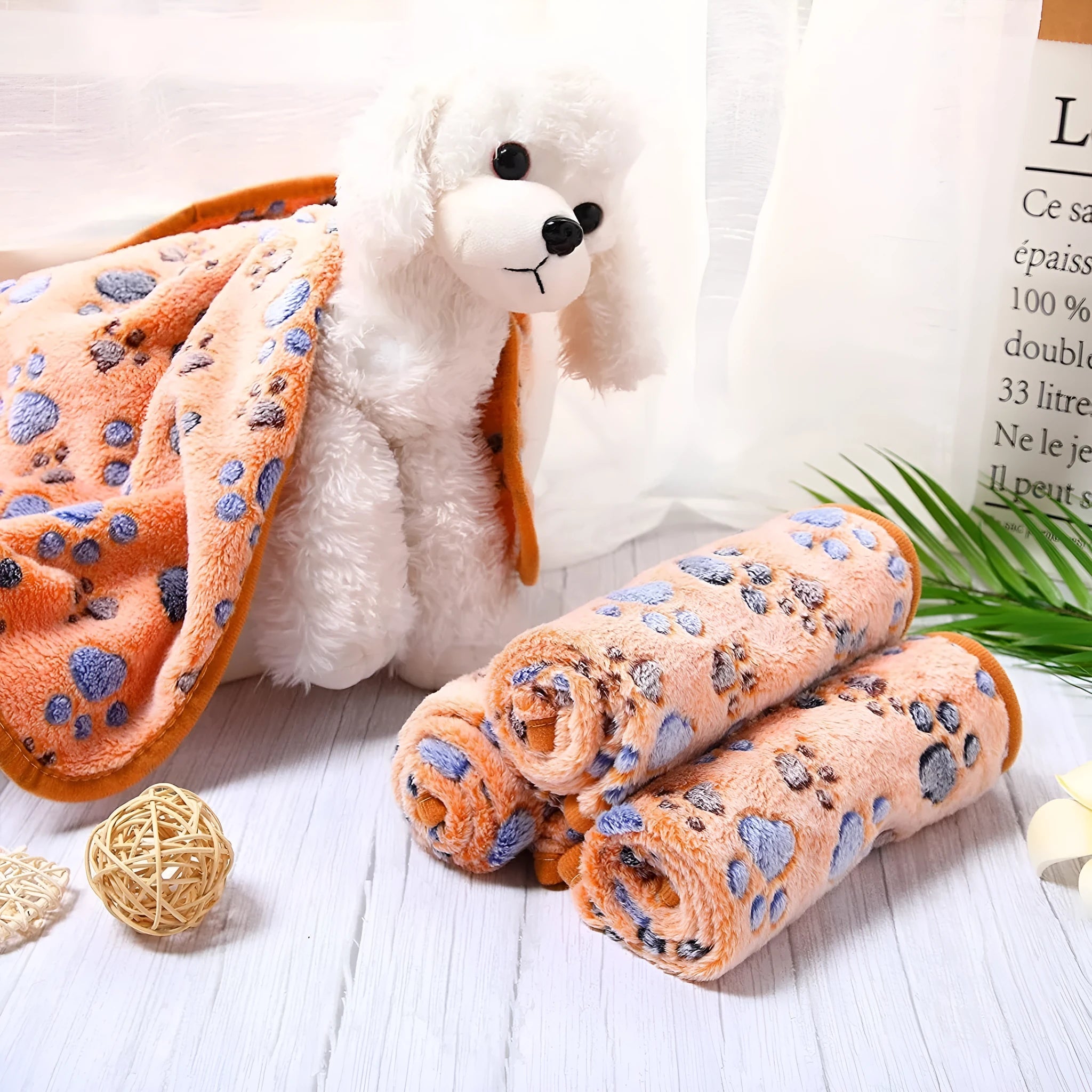 Coral fleece pet blanket with paw print pattern in beige colour, suitable for dogs and cats