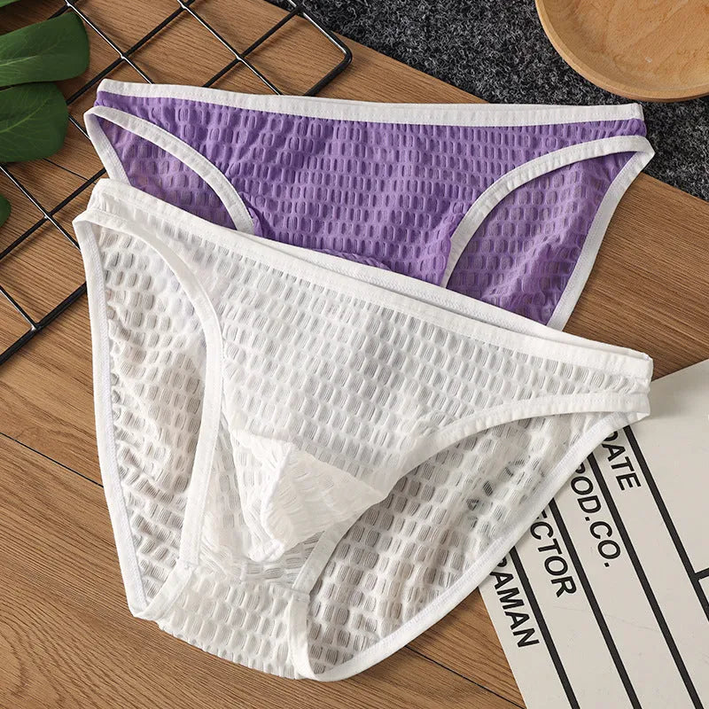 Men's low waist transparent lace underwear in black with quick-drying nylon fabric