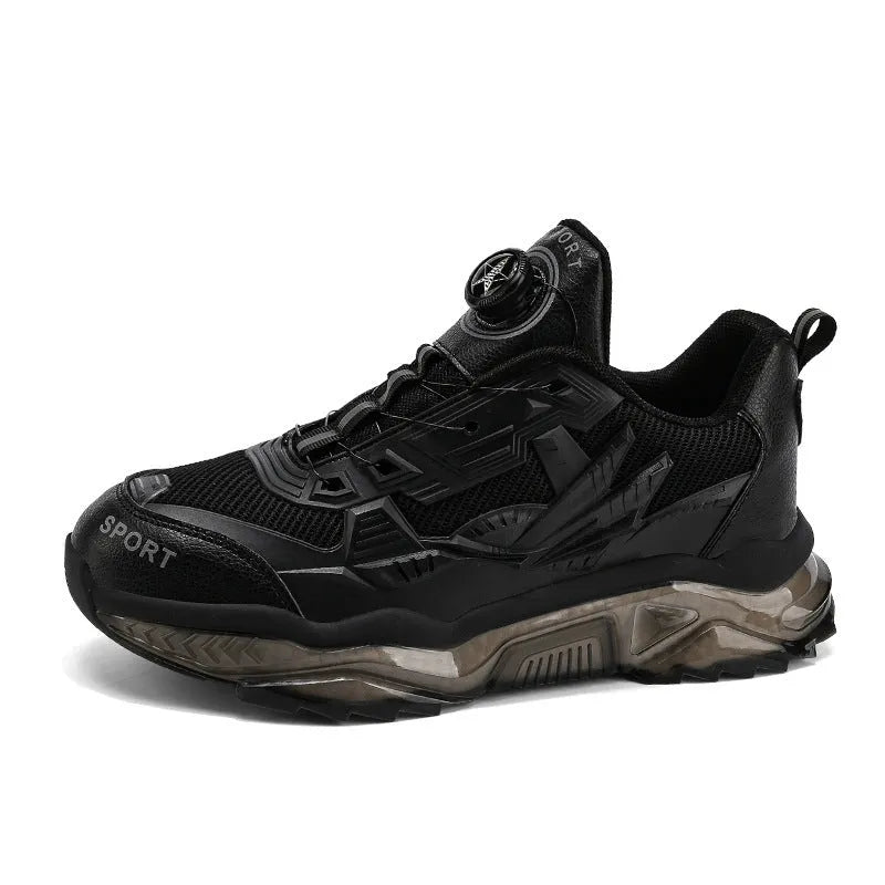 Men's black rotating button casual sneakers with mesh upper and platform sole