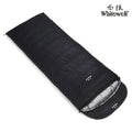 Black outdoor sleeping bag with white goose down filling and durable nylon fabric.