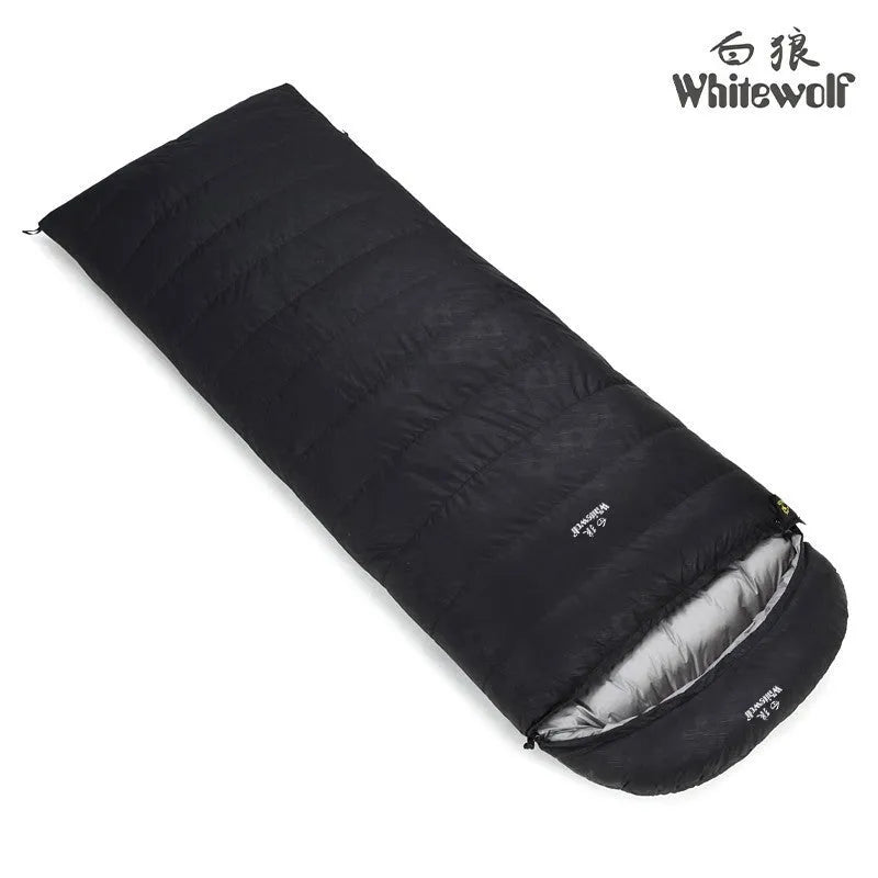 Black outdoor sleeping bag with white goose down filling and durable nylon fabric.