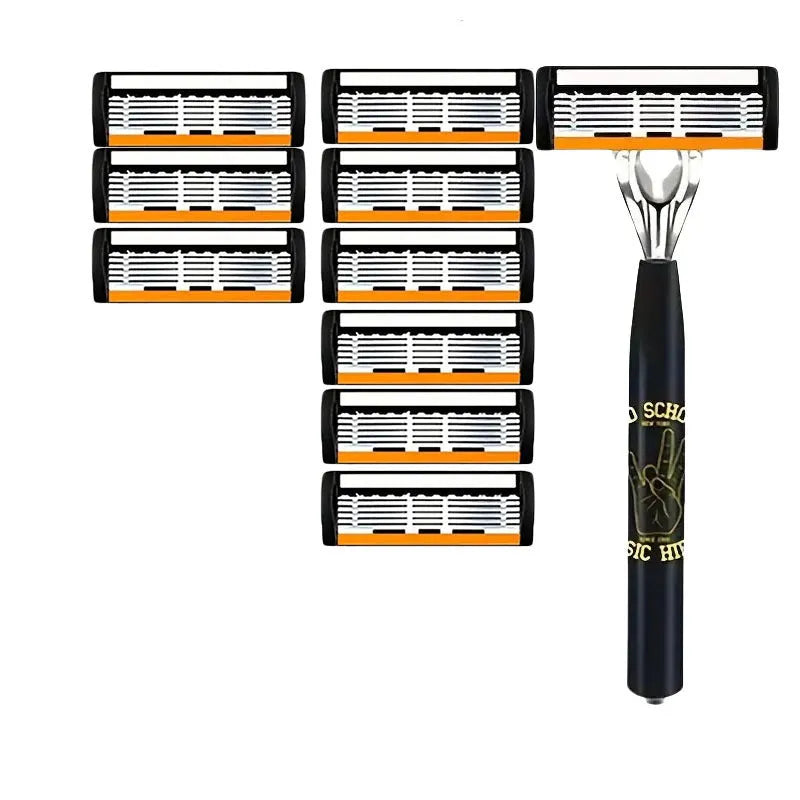Black manual shaver cutter head with six-layer finger grip handle and multiple blade configurations.
