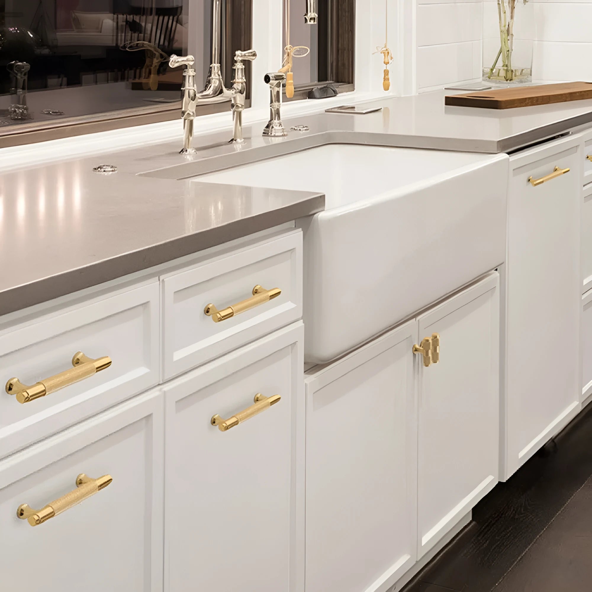 Aluminium alloy furniture handle with brushed brass finish showing multiple hole spacing options