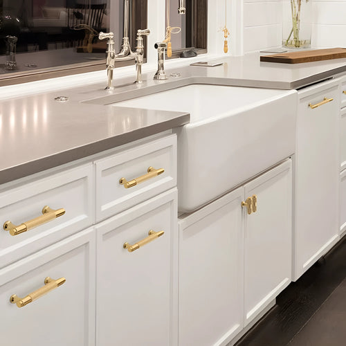Aluminium alloy furniture handle with brushed brass finish showing multiple hole spacing options
