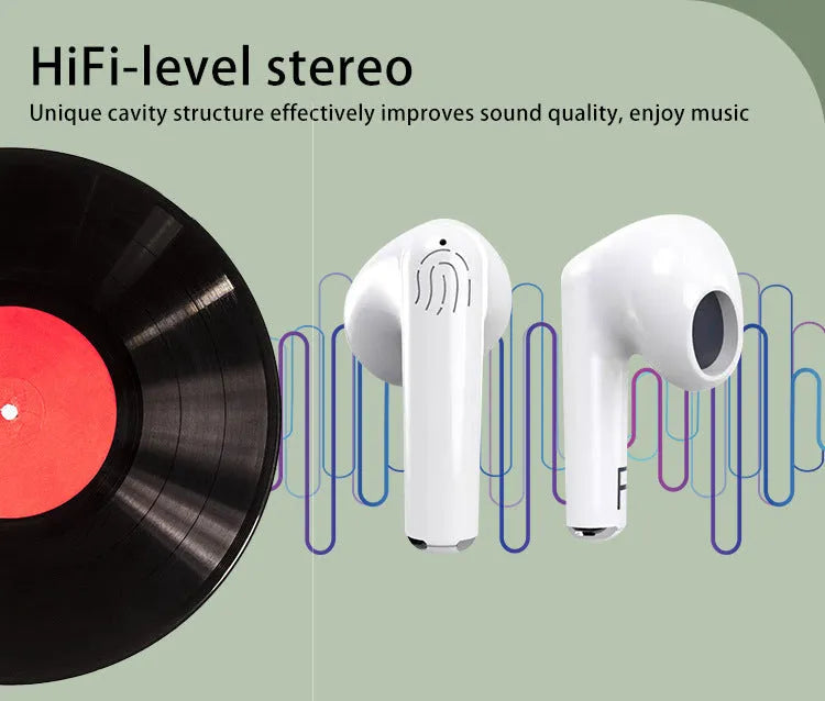 White wireless Bluetooth earphones with semi in-ear design placed beside charging compartment