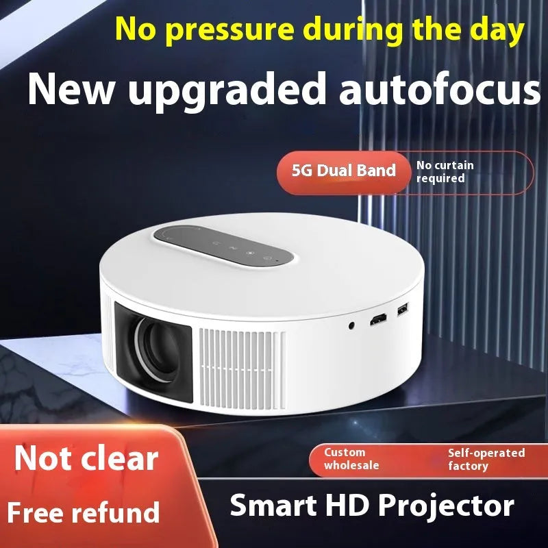 White 720p HD home theatre projector with remote control for bedroom cinema setup