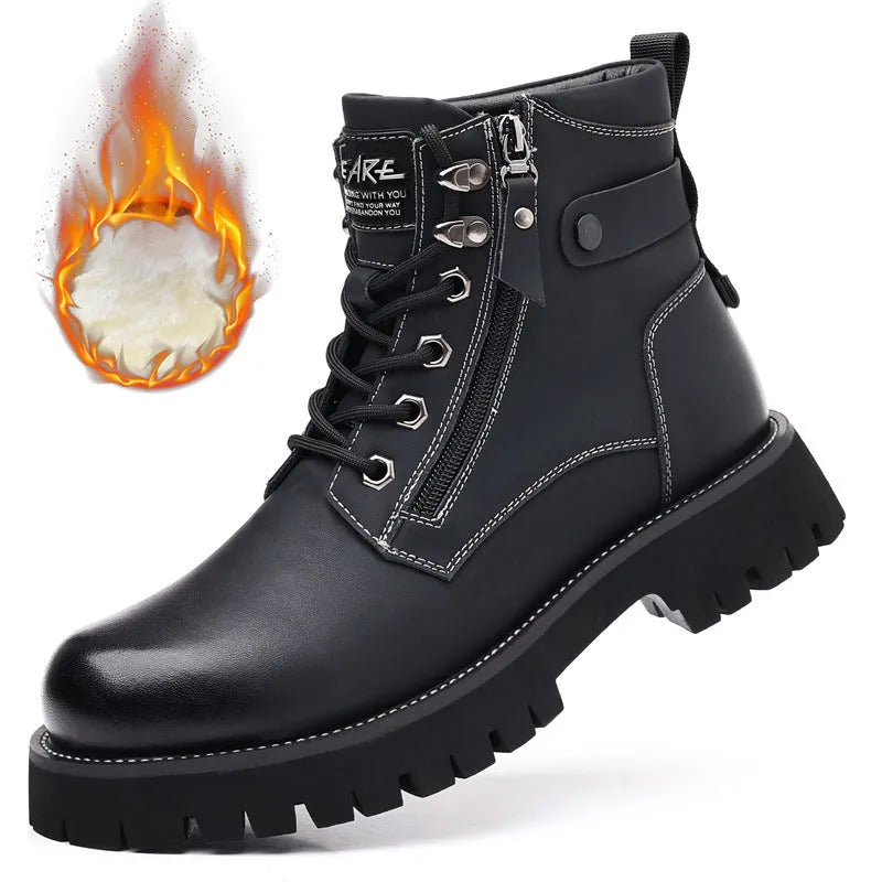 Men's brown high-top Martin boots with side zipper, round toe, and mid-calf length