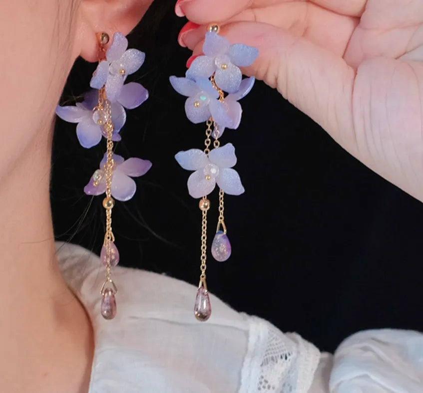 Handmade cold blue purple flower long tassel water drop earrings with gold-plated inlaid stone