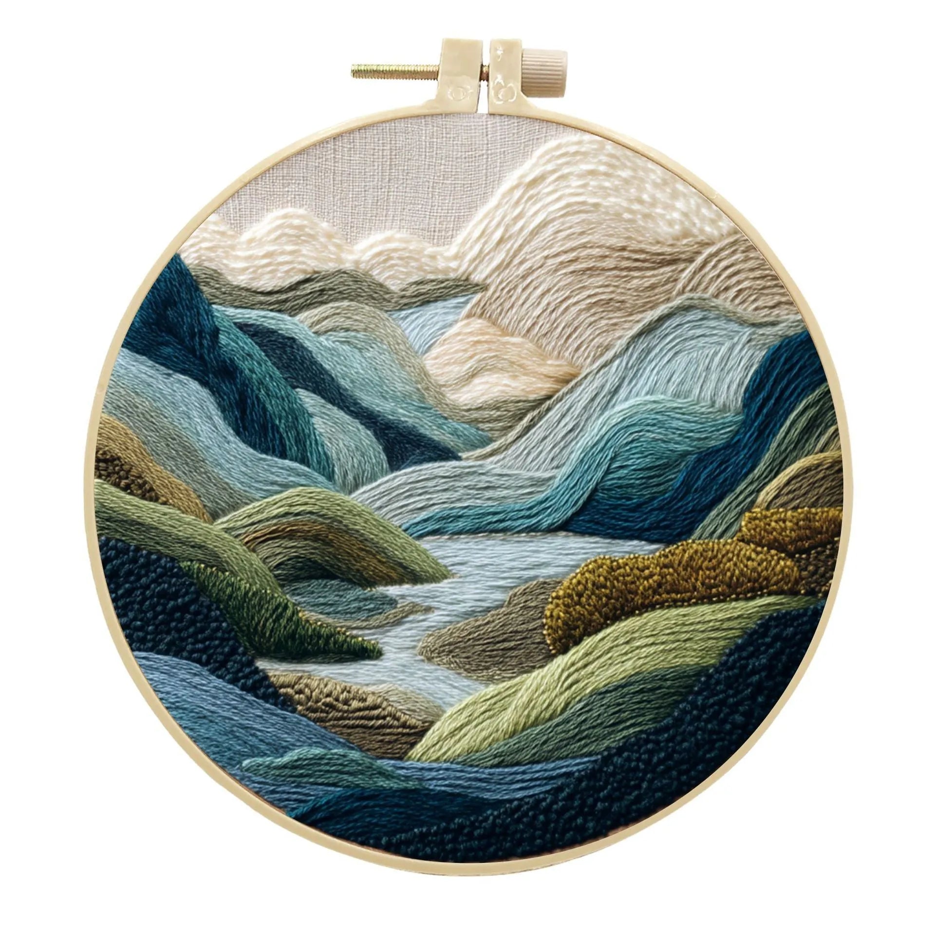 Landscape embroidery DIY kit with cotton linen fabric, 15cm imitation bamboo frame, and embroidery tools