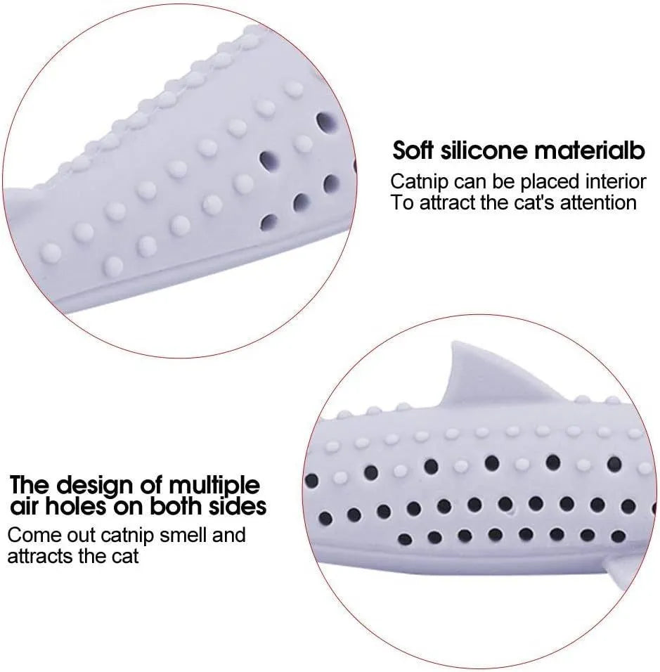 Green silicone fish-shaped chew toy for cats on a white background, showing side breathable holes.
