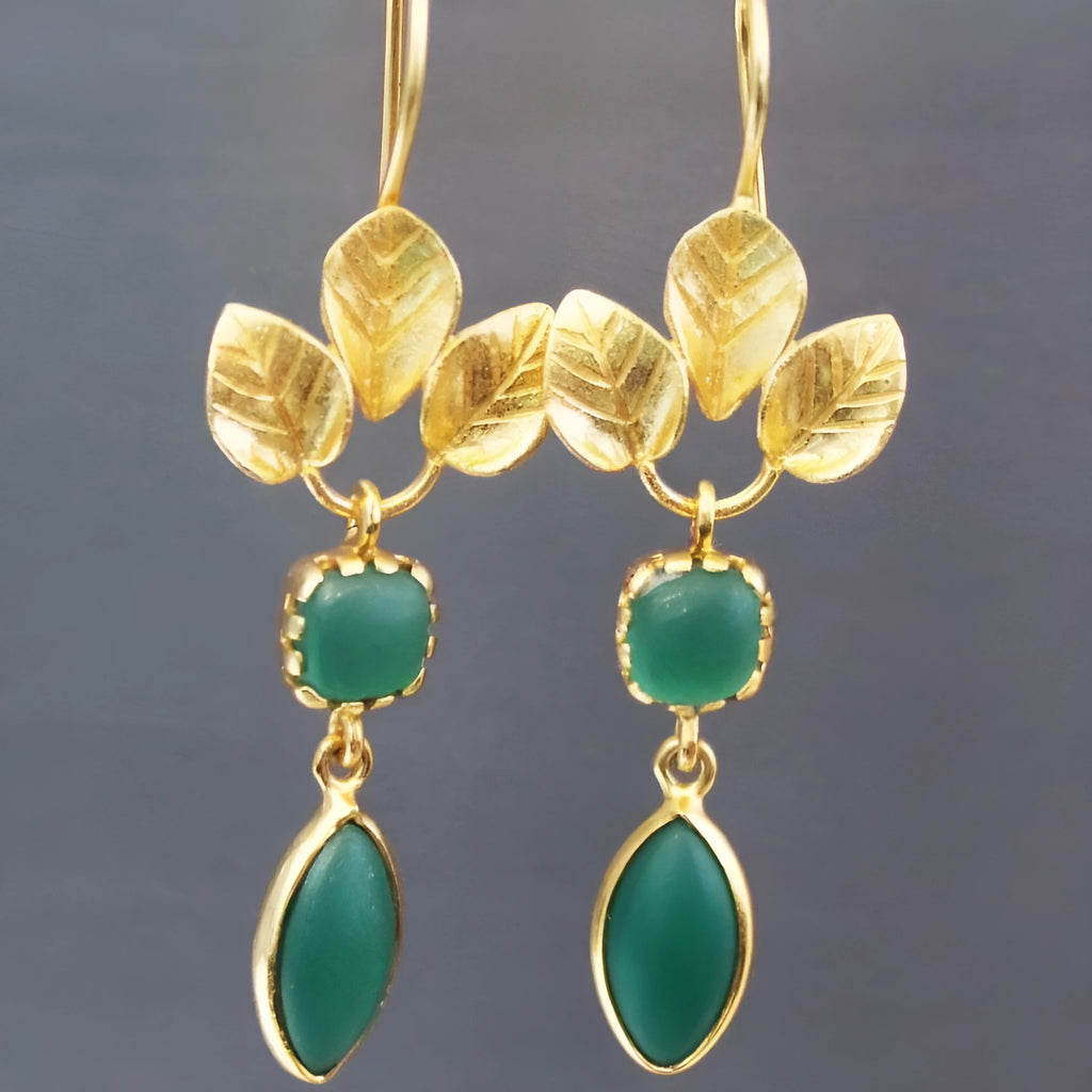 Gold drop earrings with French leaves tassel design and water drop zircon elements