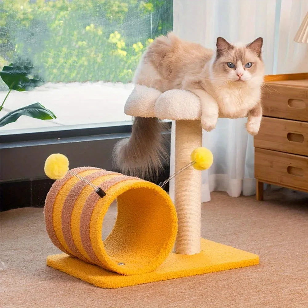 Yellow cat climbing frame with sisal scratching post and integrated tunnel.