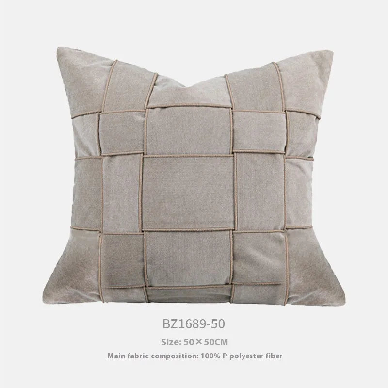 Square chenille woven sofa cushion pillow in beige, measuring 50 by 50 centimetres.