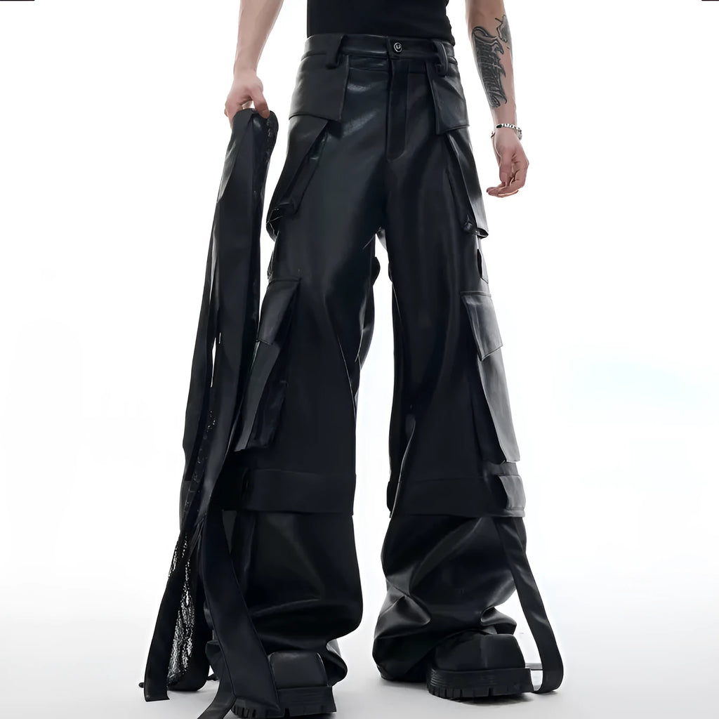 Black quilted leather pants with multiple pockets and loose-fit retro streetwear design