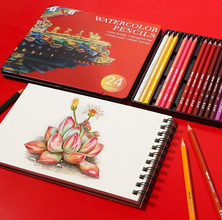 Professional 24-colour water-soluble pencil set in silver metal tin box with brush