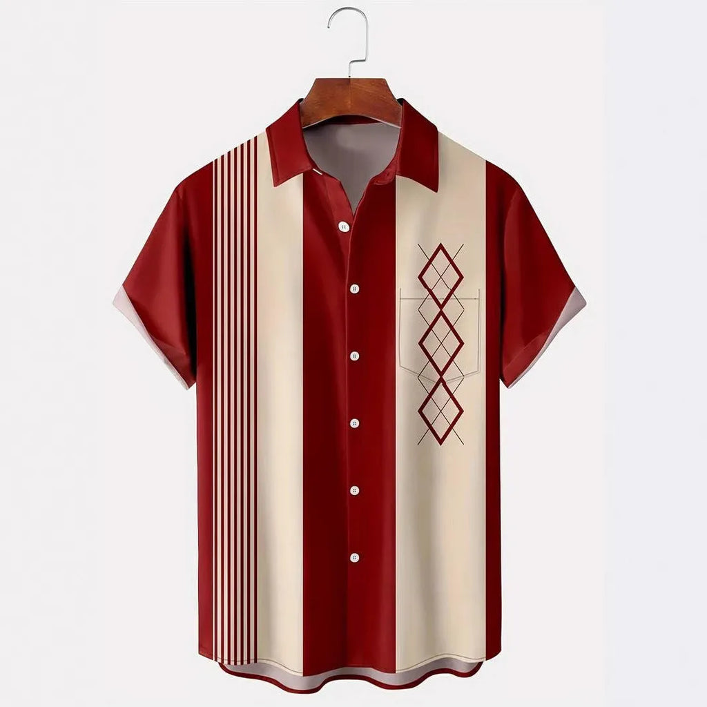 Men's plaid short-sleeve shirt cardigan with lapel collar showing elastic fabric detail