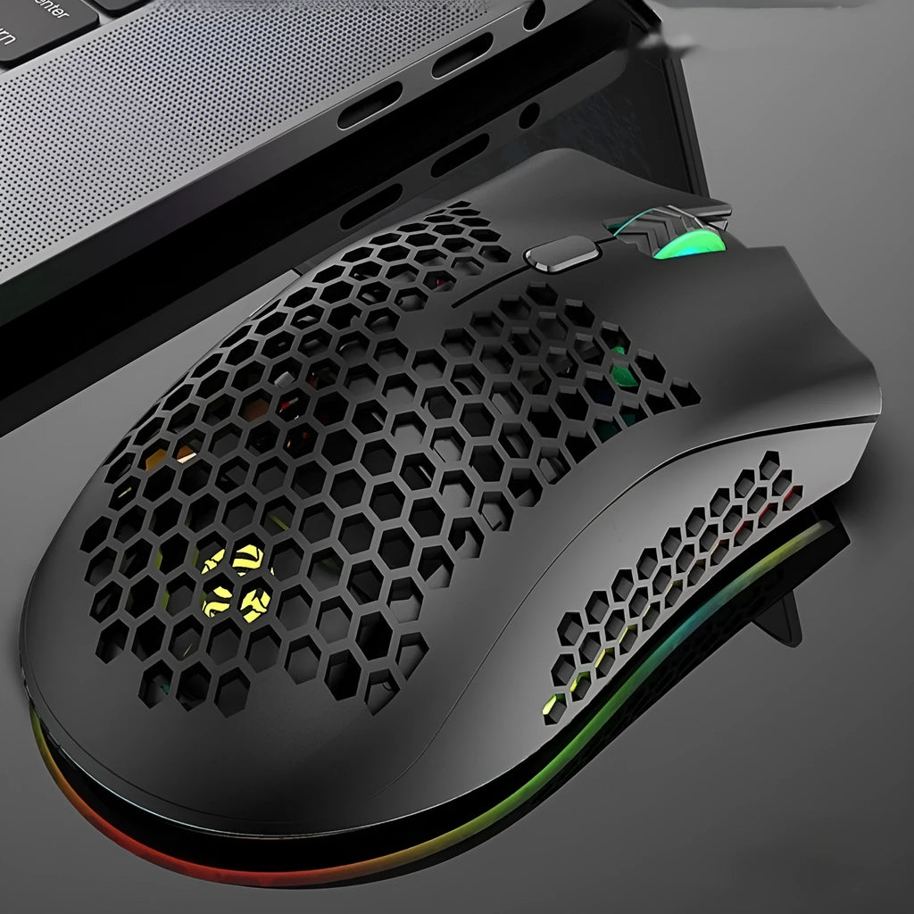 Hollow out wireless gaming mouse with RGB lighting in cyan colour