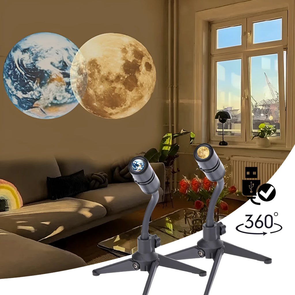 Star projector lamp showing earth projection with adjustable hose bracket and USB cable